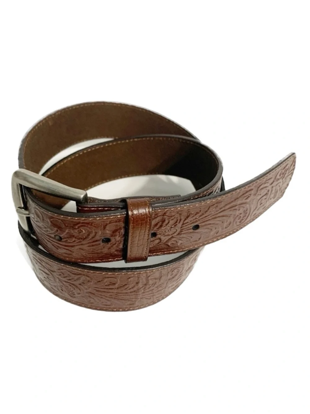 Arizona Filigree Emboss Leather Western Style Belt Silver Buckle Brown Size M 42